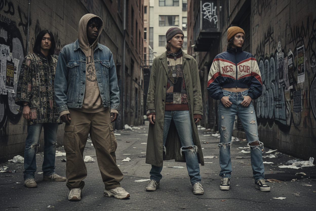 Models wearing curated vintage and thrifted outfits, 90s and early 2000s street style, layered clothing, distressed denim, oversized hoodies, long coats, worn sneakers, authentic textures, urban alleyway setting, raw and realistic fashion photography, muted color grading, natural shadows, lifestyle thrift brand aesthetic